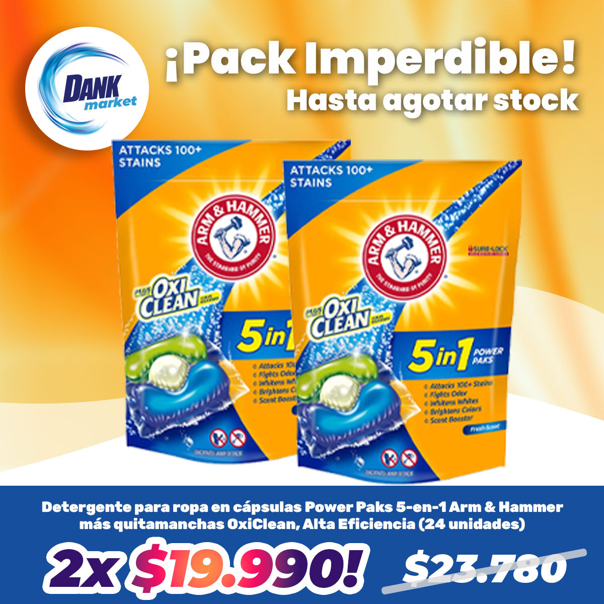 Pack Detergente para ropa en cápsulas Power Paks 5-en-1 Arm & Hammer más quitamanchas OxiClean, Alta Eficiencia (24 unidades) 2x $19.990