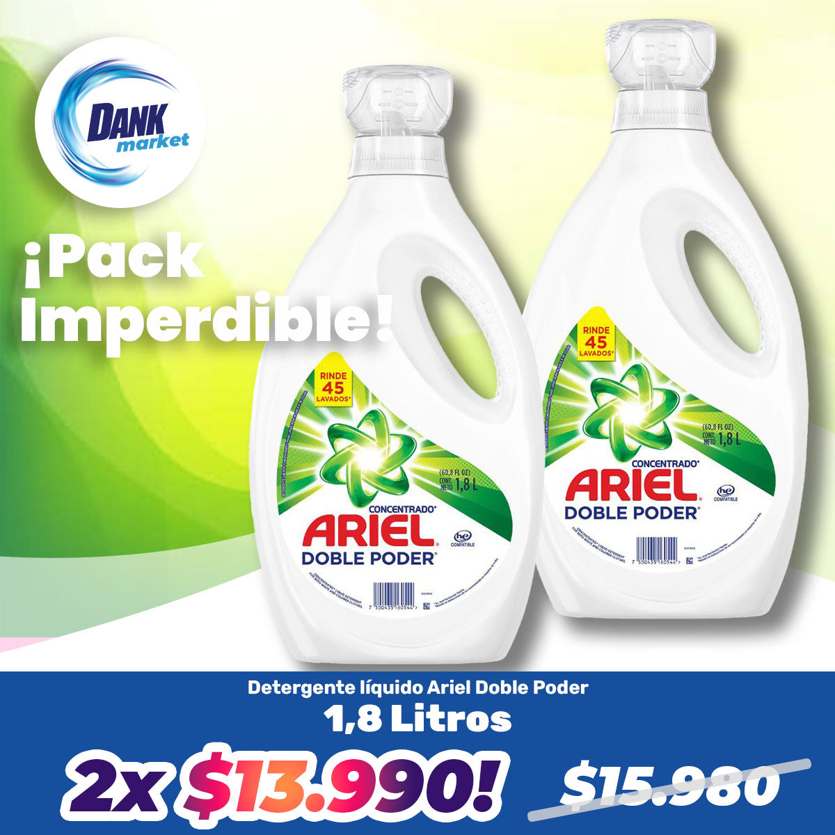 Pack Detergente líquido Ariel Doble Poder 1,8 lts 2x $13.990