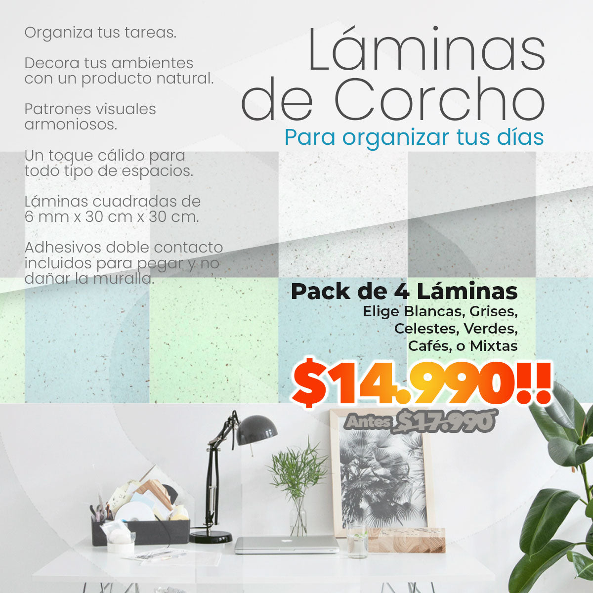 Láminas de Corcho para Organizar tu Día importado desde Portugal con adhesivos doble contacto incluidos
