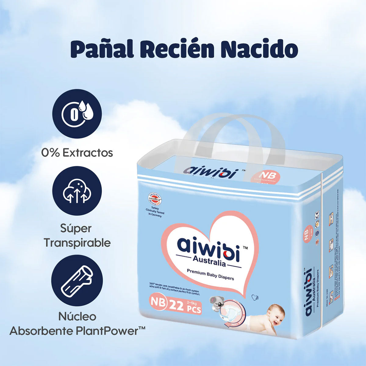 Pañales Aiwibi Premium Recién Nacido RN (22 unidades) - 🇦🇺 Producto Australiano