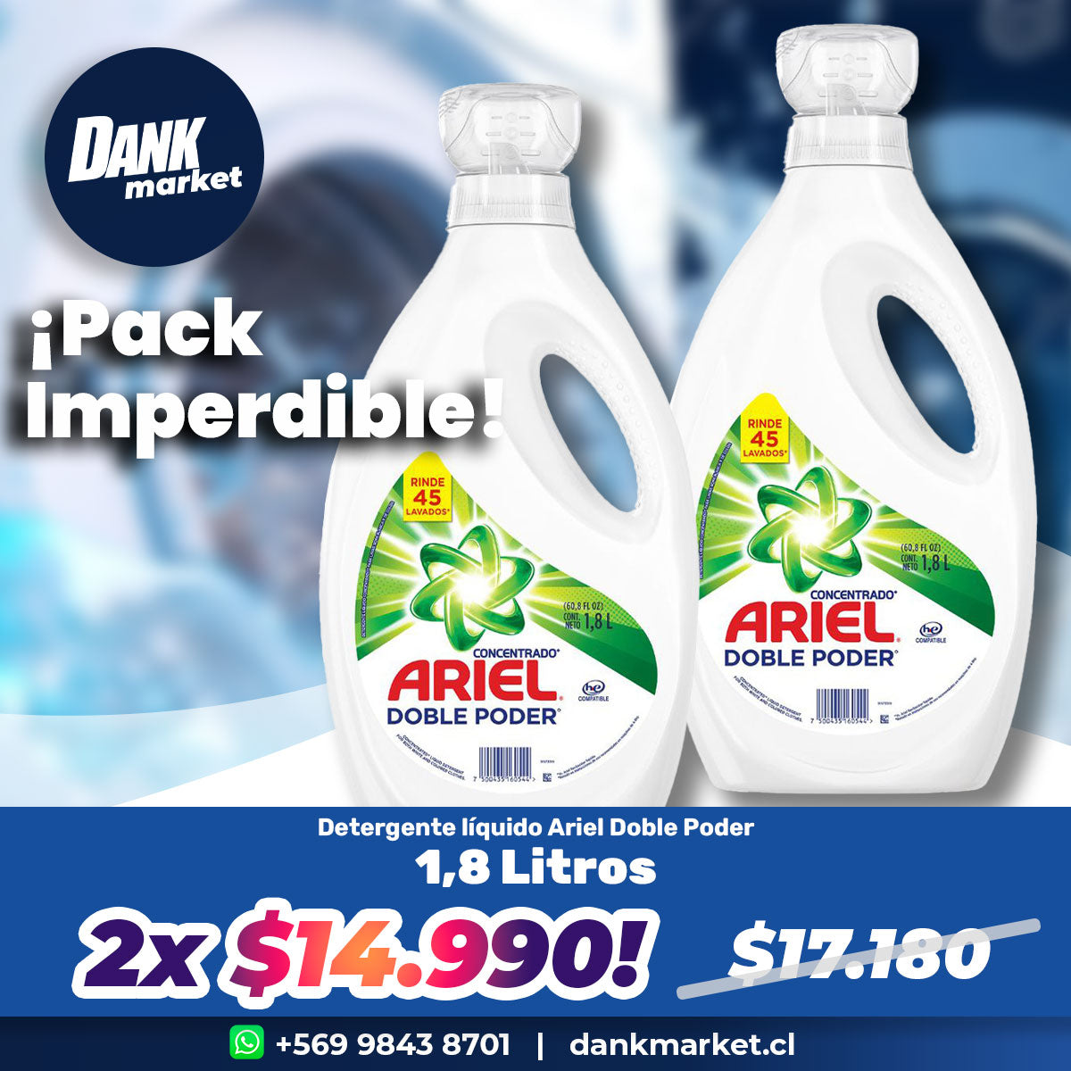 Pack Detergente líquido Ariel Doble Poder 1,8 lts 2x $14.990