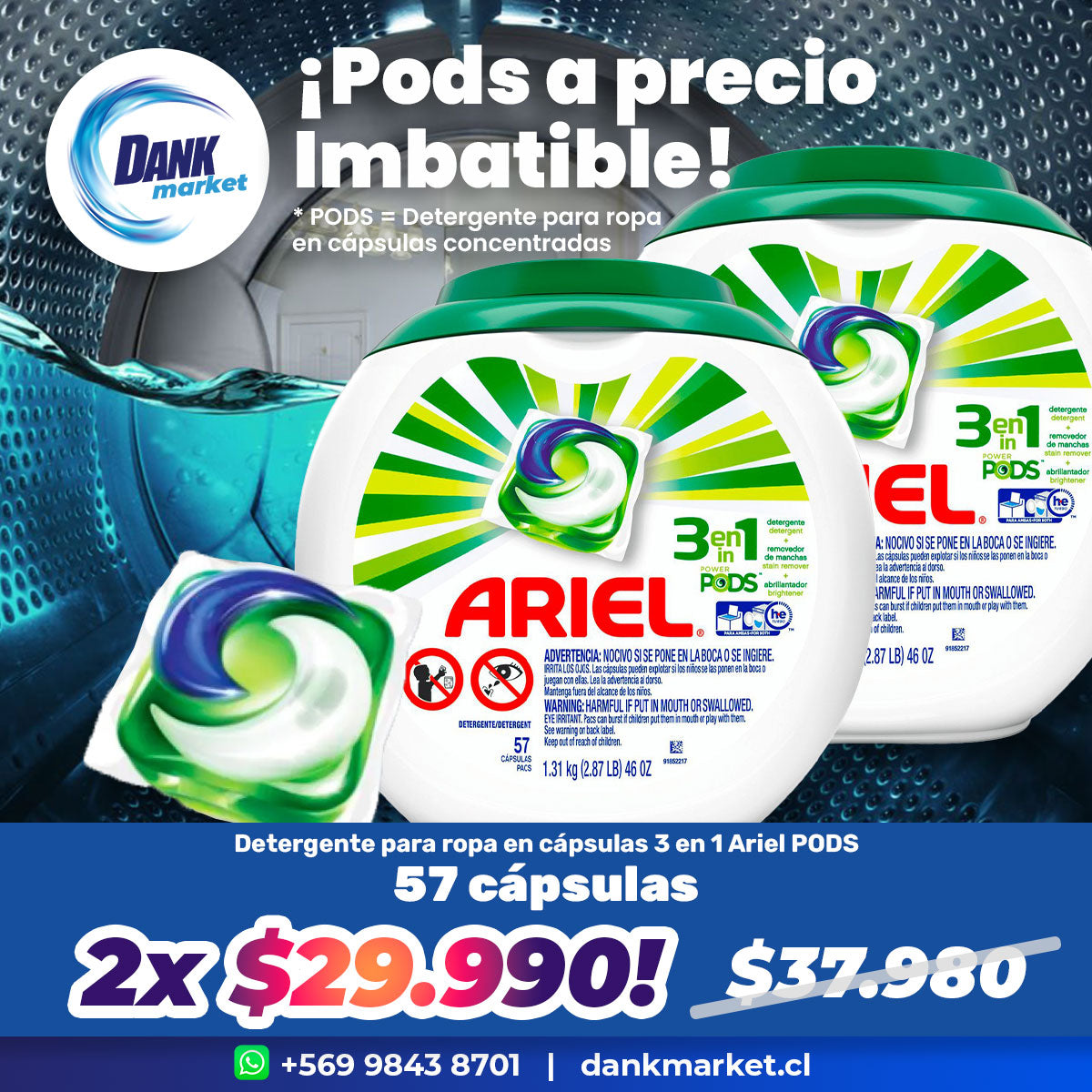 Pack Detergente para ropa en cápsulas 3 en 1 Ariel PODS 57 cápsulas 2x $29.990