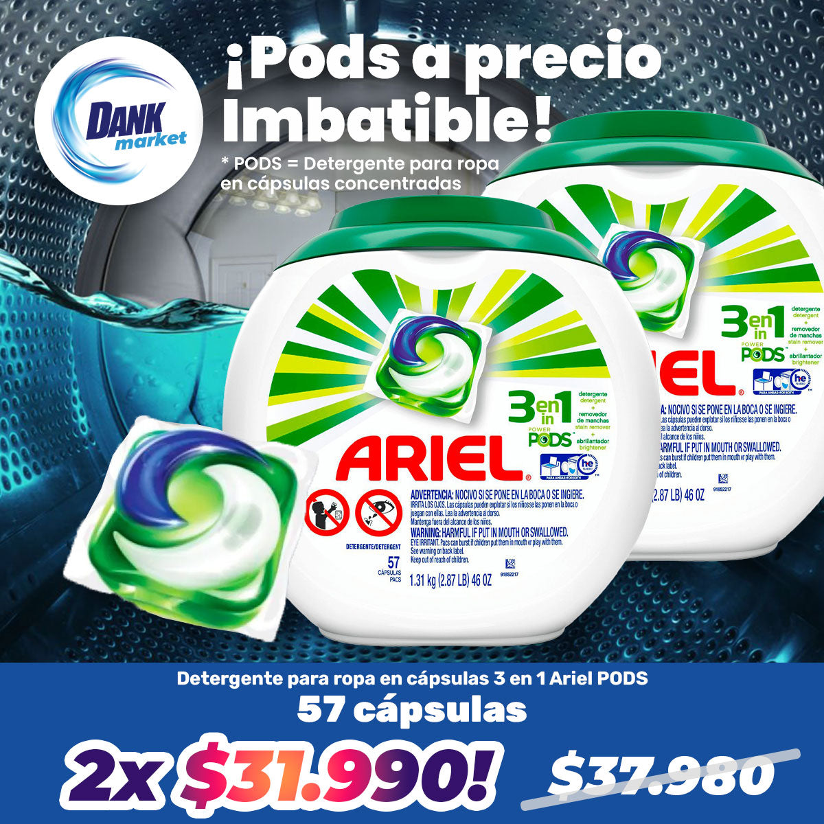 Pack Detergente para ropa en cápsulas 3 en 1 Ariel PODS 57 cápsulas 2x $31.990