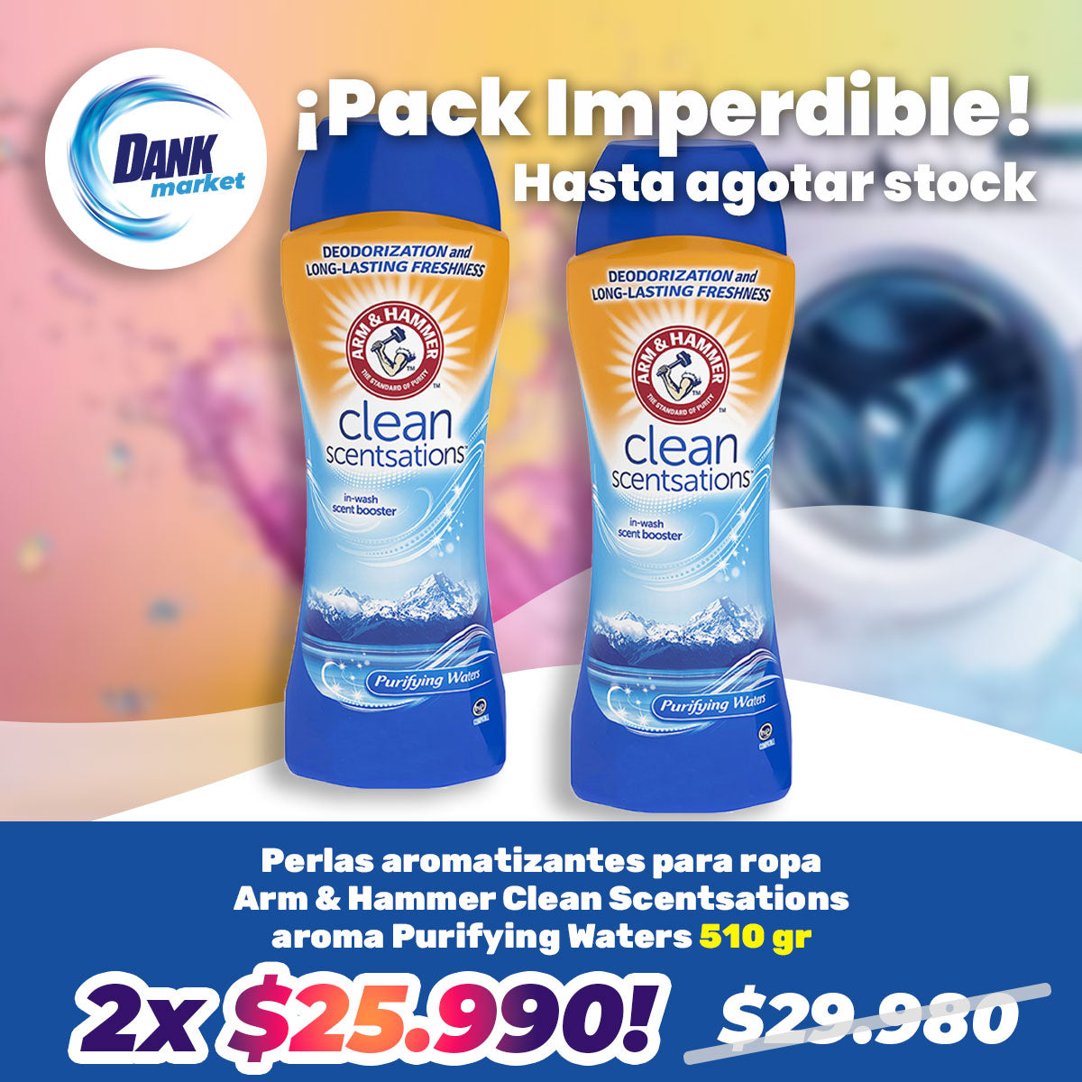 Pack Perlas aromatizantes para ropa Arm & Hammer Clean Scentsations aroma Purifying Waters 510 gr, 2x $25.990