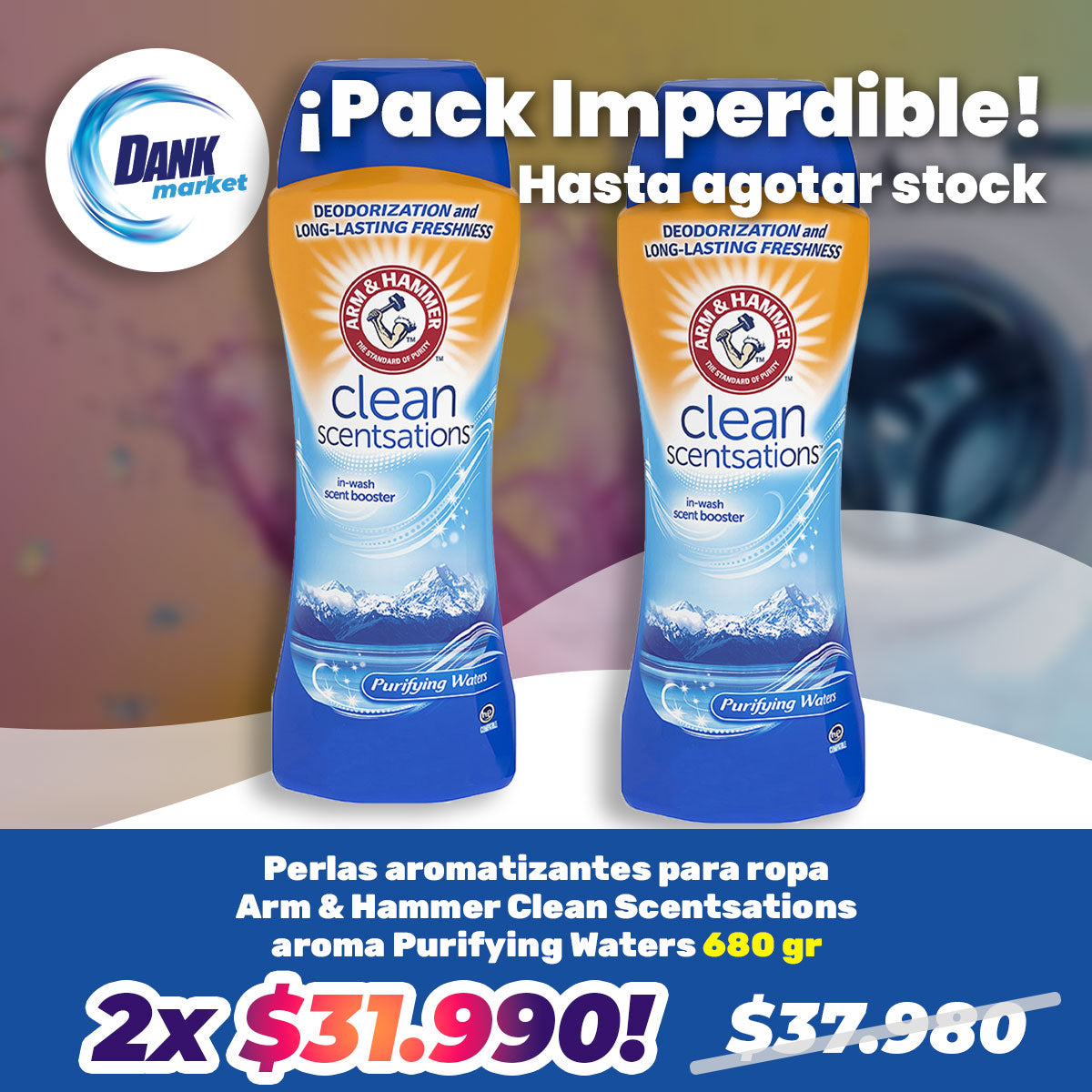 Pack Perlas aromatizantes para ropa Arm & Hammer Clean Scentsations aroma Purifying Waters 680 gr, 2x $31.990