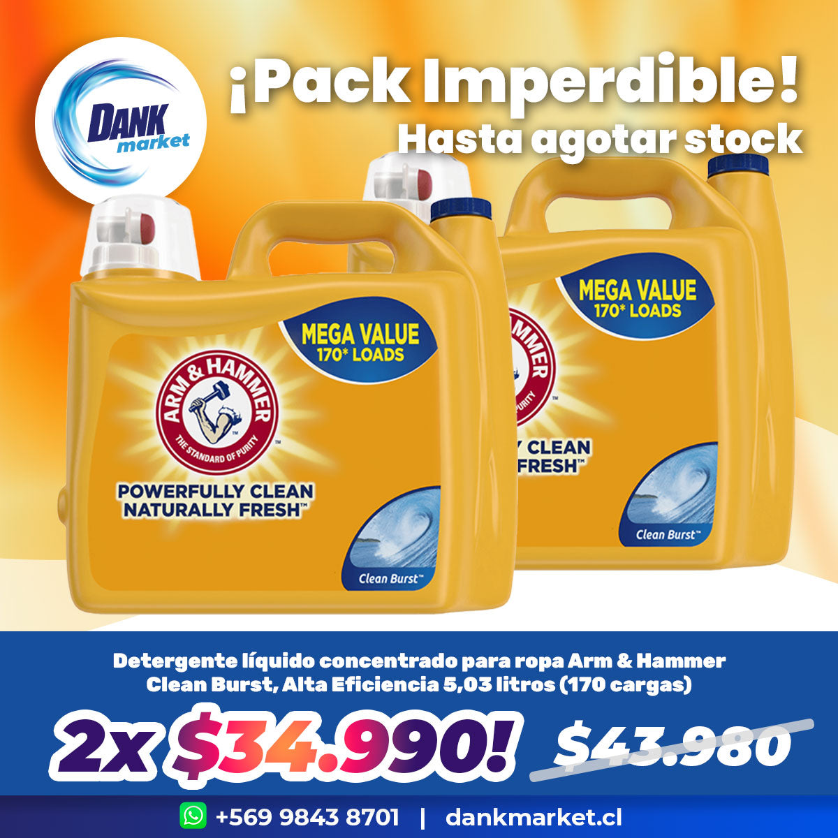 Pack Detergente líquido concentrado para ropa Arm & Hammer Clean Burst, Alta Eficiencia 5,03 litros (170 cargas) 2x $34.990