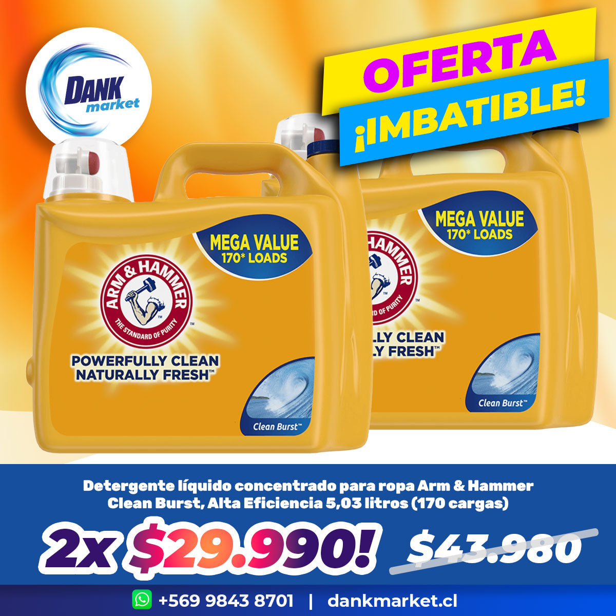 Pack Detergente líquido concentrado para ropa Arm & Hammer Clean Burst, Alta Eficiencia 5,03 litros (170 cargas) 2x $29.990