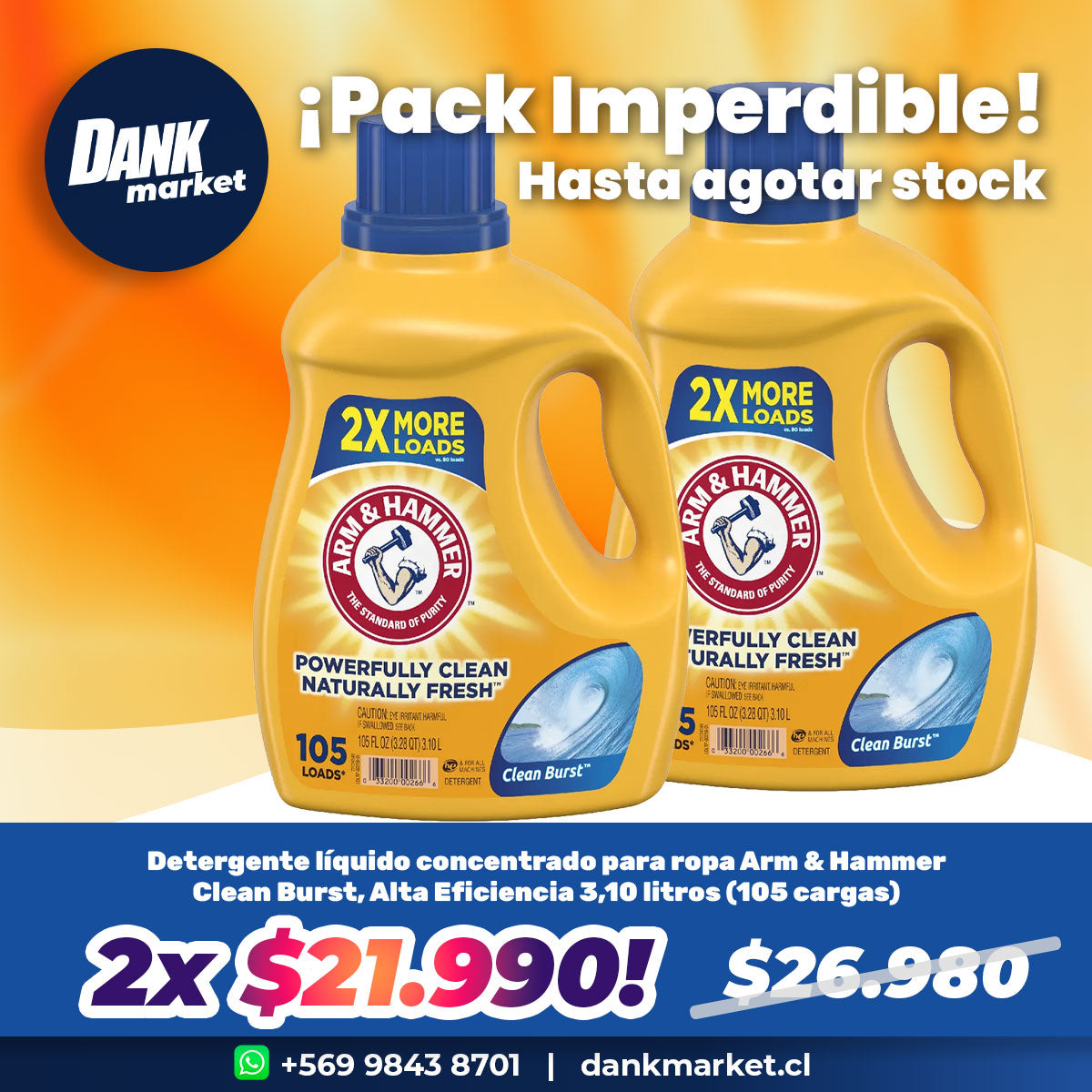 Pack Detergente líquido concentrado para ropa Arm & Hammer Clean Burst, Alta Eficiencia 3,10 litros (105 cargas) 2x $21.990