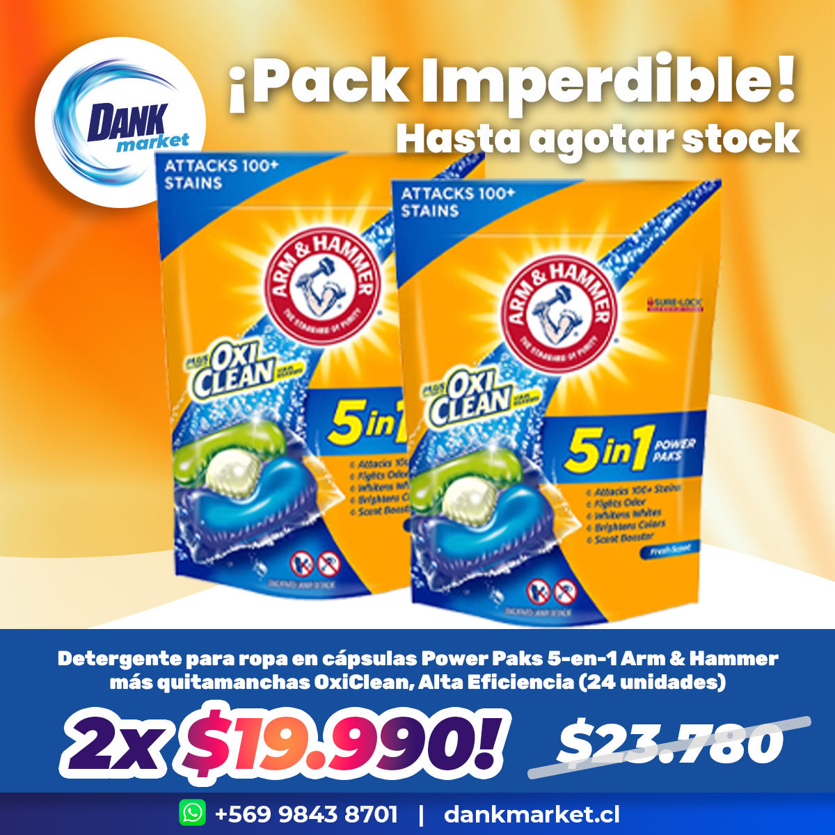 Pack Detergente para ropa en cápsulas Power Paks 5-en-1 Arm & Hammer más quitamanchas OxiClean, Alta Eficiencia (24 unidades) 2x $19.990