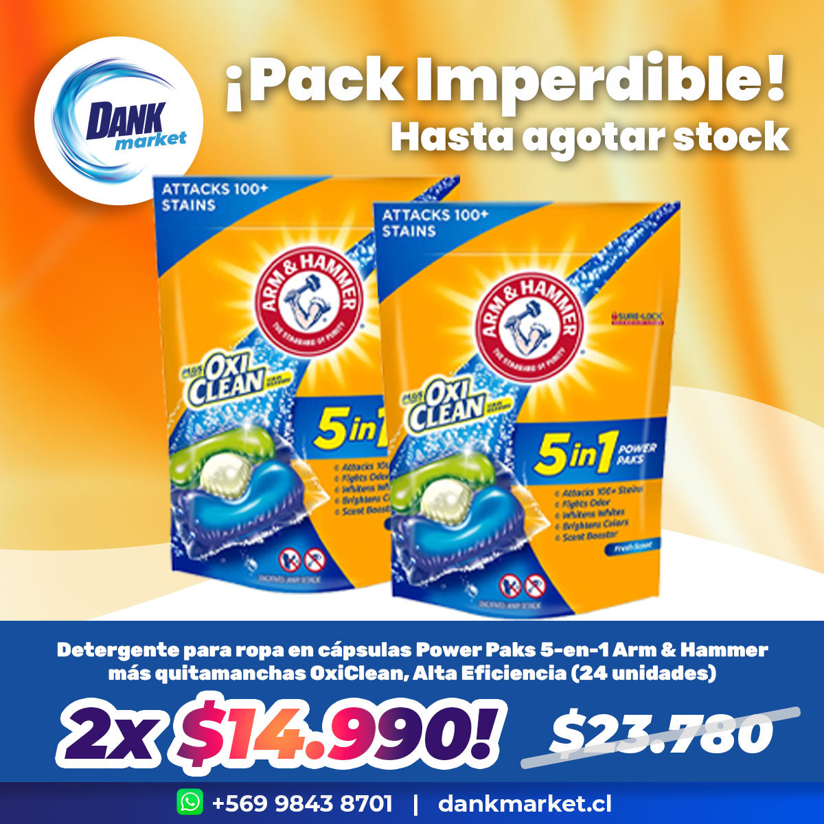 Pack Detergente para ropa en cápsulas Power Paks 5-en-1 Arm & Hammer más quitamanchas OxiClean, Alta Eficiencia (24 unidades) 2x $14.990