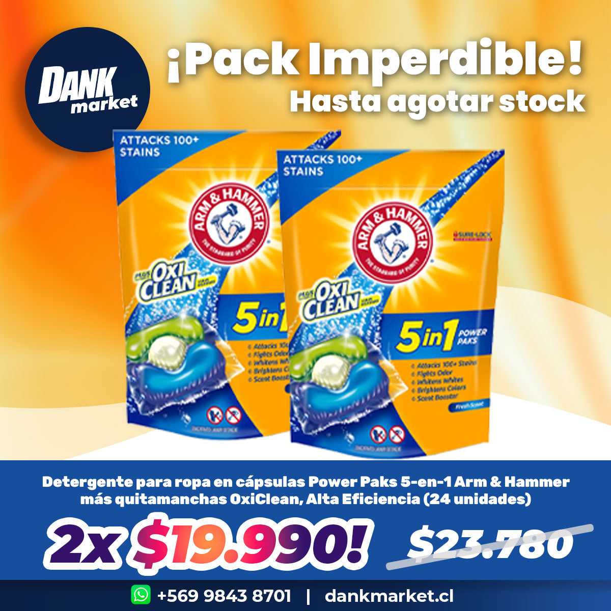 Pack Detergente para ropa en cápsulas Power Paks 5-en-1 Arm & Hammer más quitamanchas OxiClean, Alta Eficiencia (24 unidades) 2x $19.990