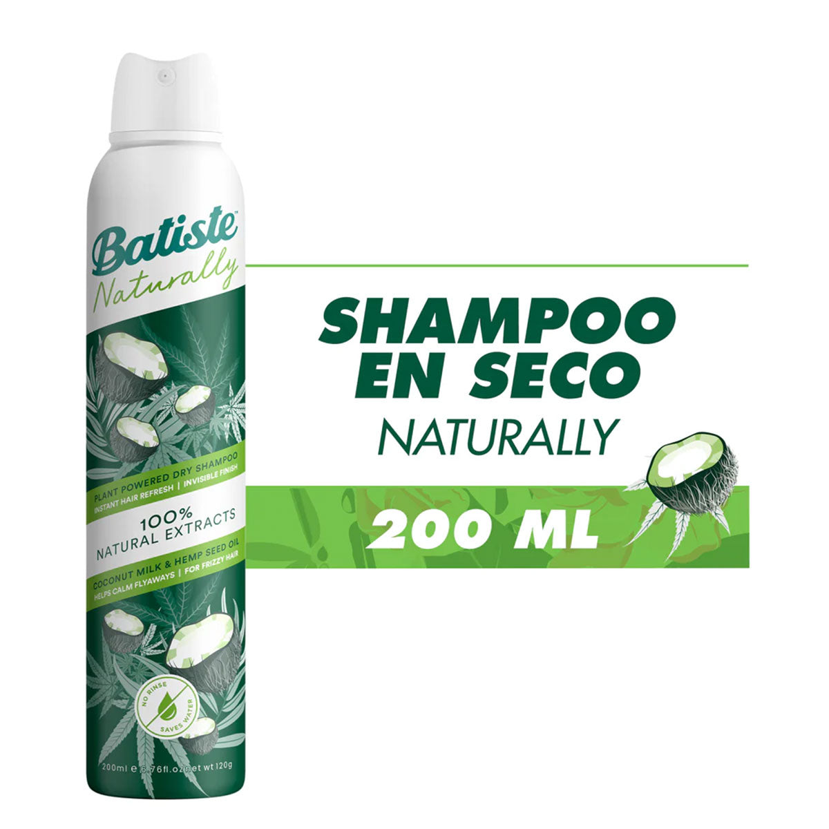 Shampoo en Seco para el cabello fragancia Naturally Hemp & Coconut Milk Batiste 200 ml