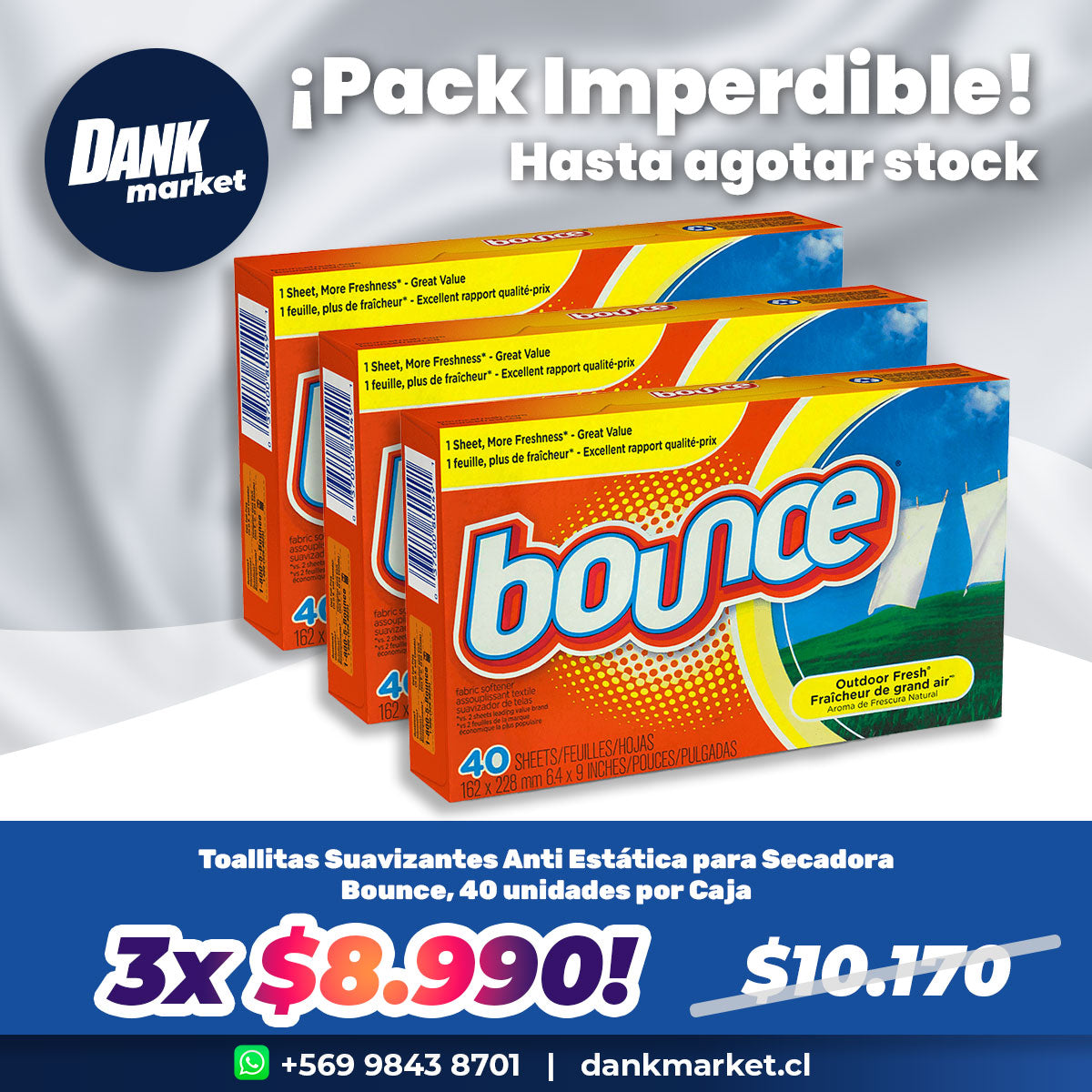 Pack Toallitas Suavizantes Anti Estática para Secadora Bounce (34 unidades) 3 x $8.990