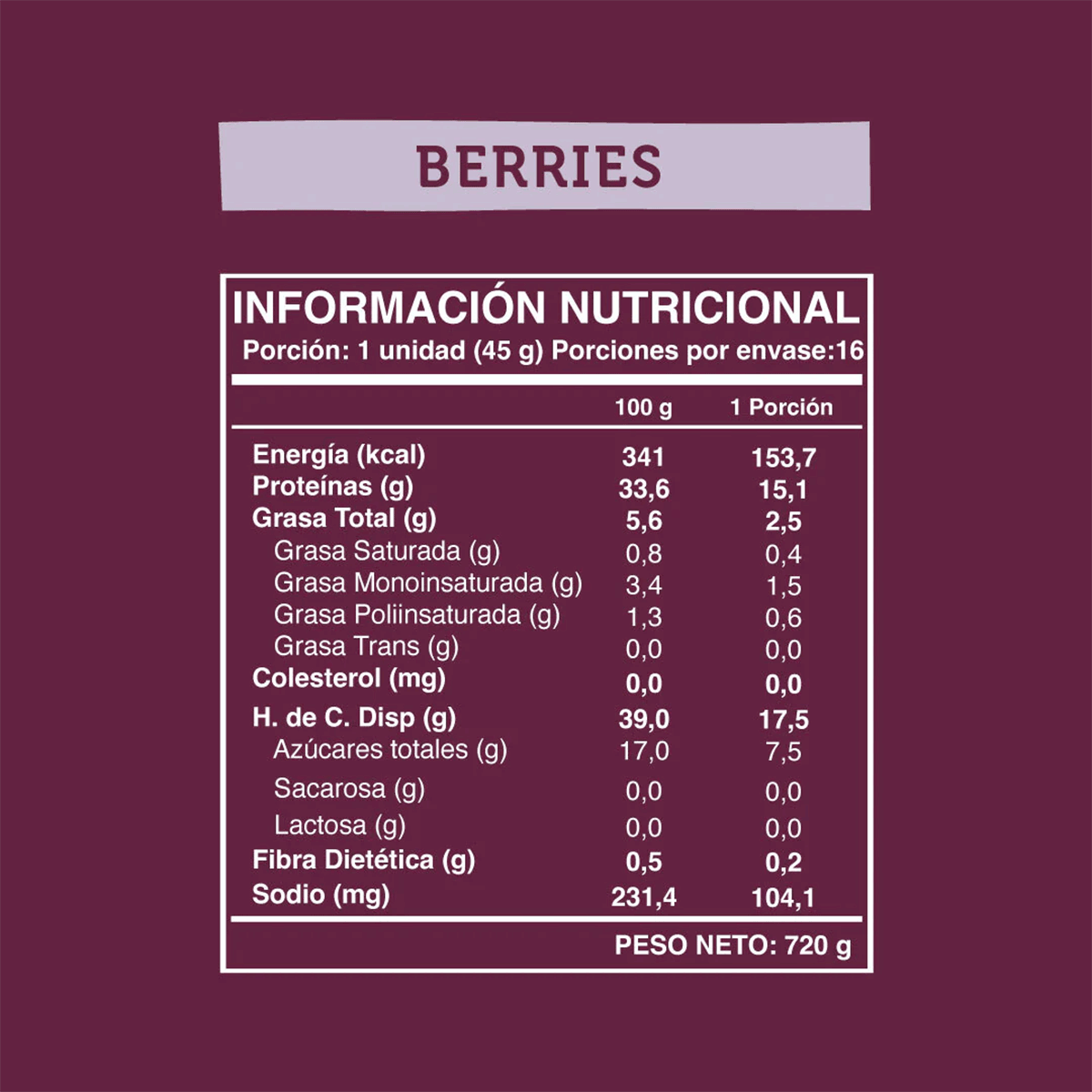 Barrita 15 gr de Proteína de Leche y Soya con Dátiles Frambuesa y Cranberries sabor Berries Wild 45 gr 1 unidad