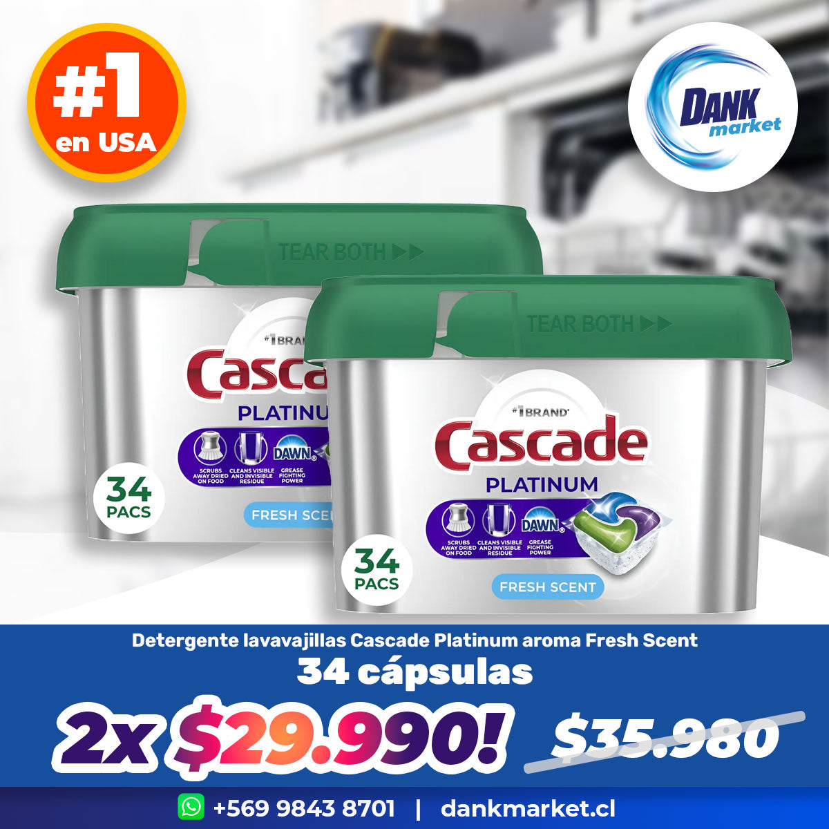 Pack Detergente lavavajillas Cascade Platinum Fresh Scent (34 cápsulas ActionPacs) 2x $29.990