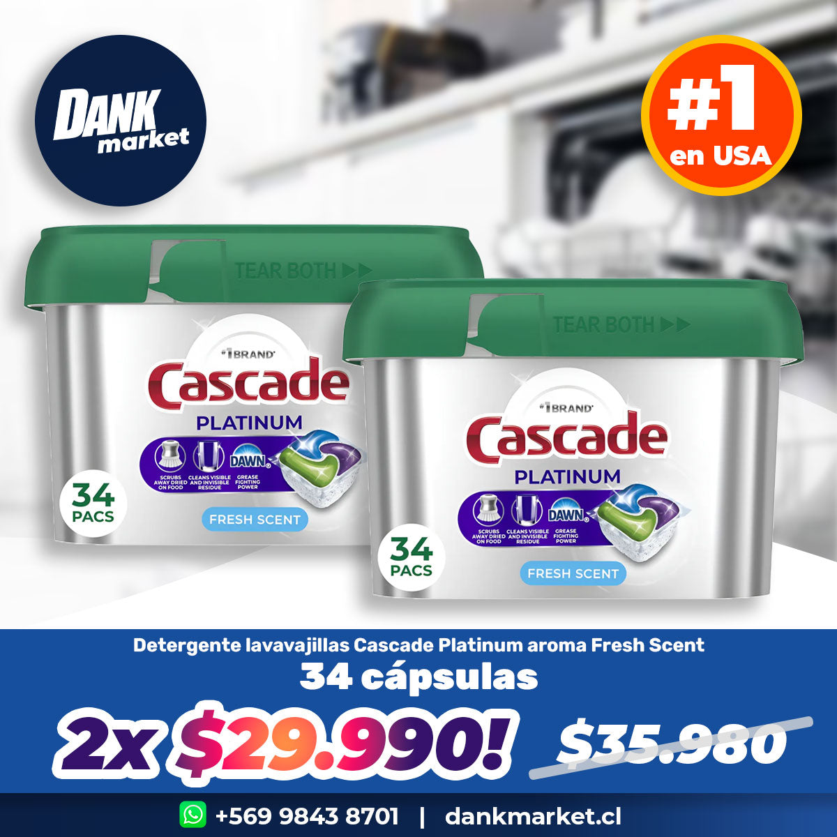 Pack Detergente lavavajillas Cascade Platinum Fresh Scent (34 cápsulas ActionPacs) 2x $29.990