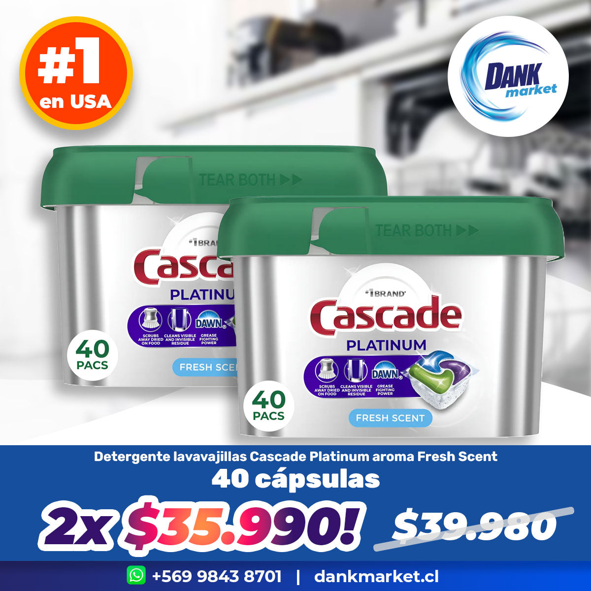 Pack Detergente lavavajillas Cascade Platinum Fresh Scent (40 cápsulas ActionPacs) 2x $35.990