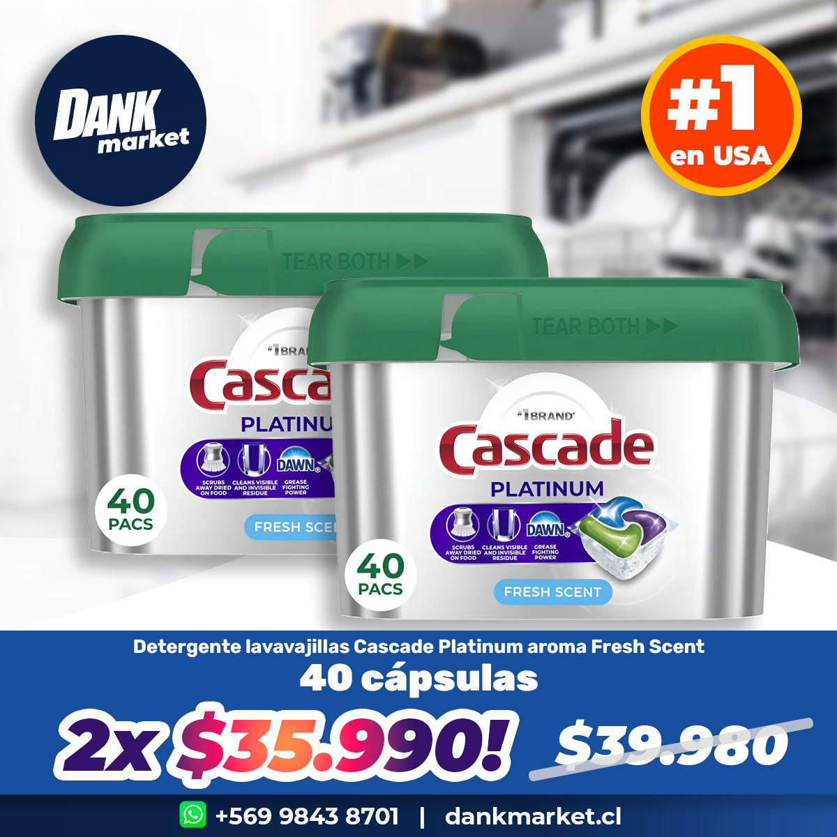 Pack Detergente lavavajillas Cascade Platinum Fresh Scent (40 cápsulas ActionPacs) 2x $35.990