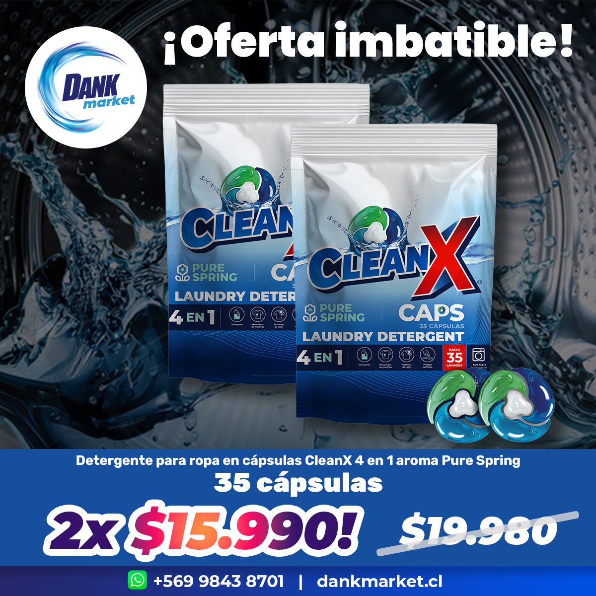 Pack Detergente para ropa en cápsulas CleanX 4 en 1 aroma Pure Spring (35 unidades) 2x $15.990