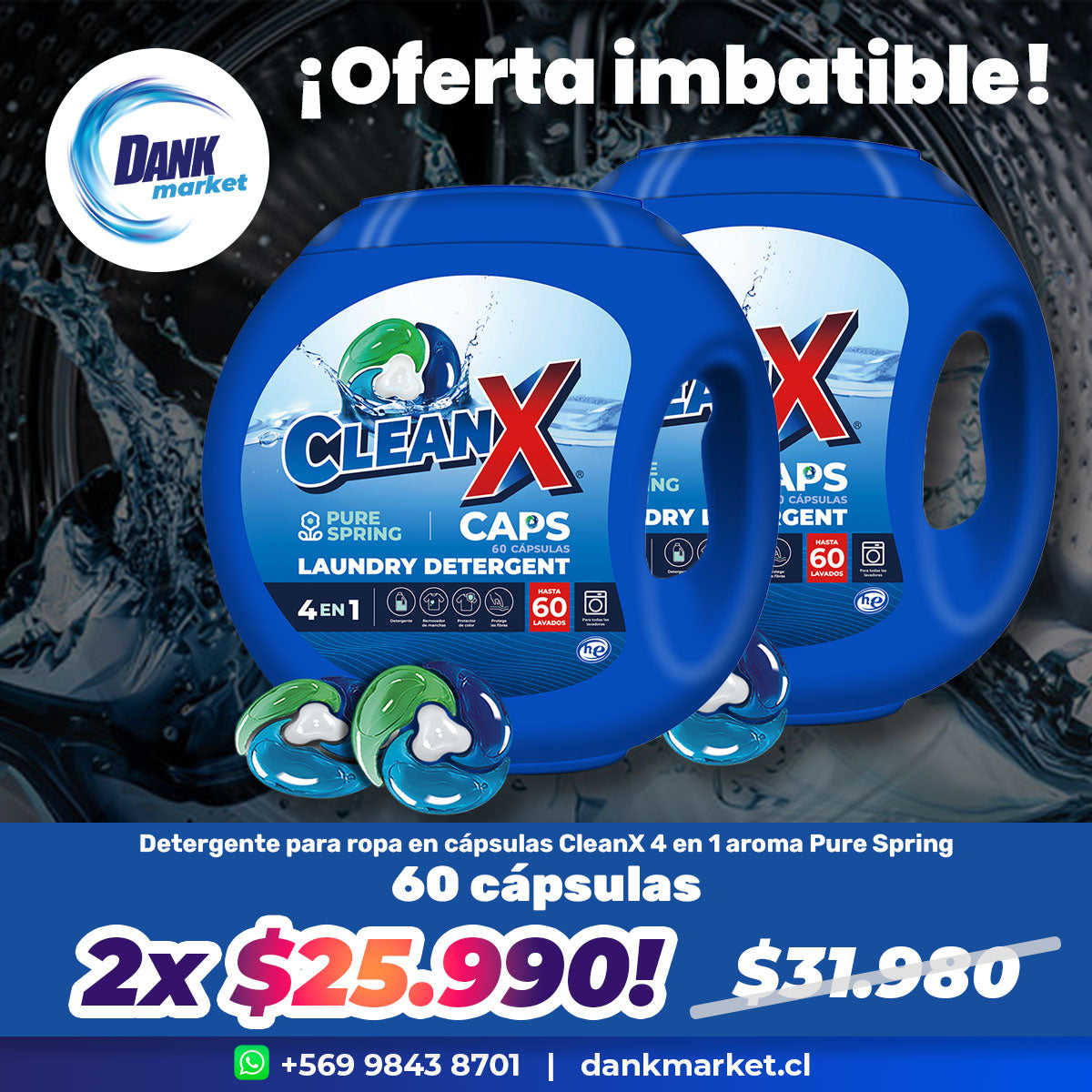 Pack Detergente para ropa en cápsulas CleanX 4 en 1 aroma Pure Spring (60 unidades) 2x $25.990