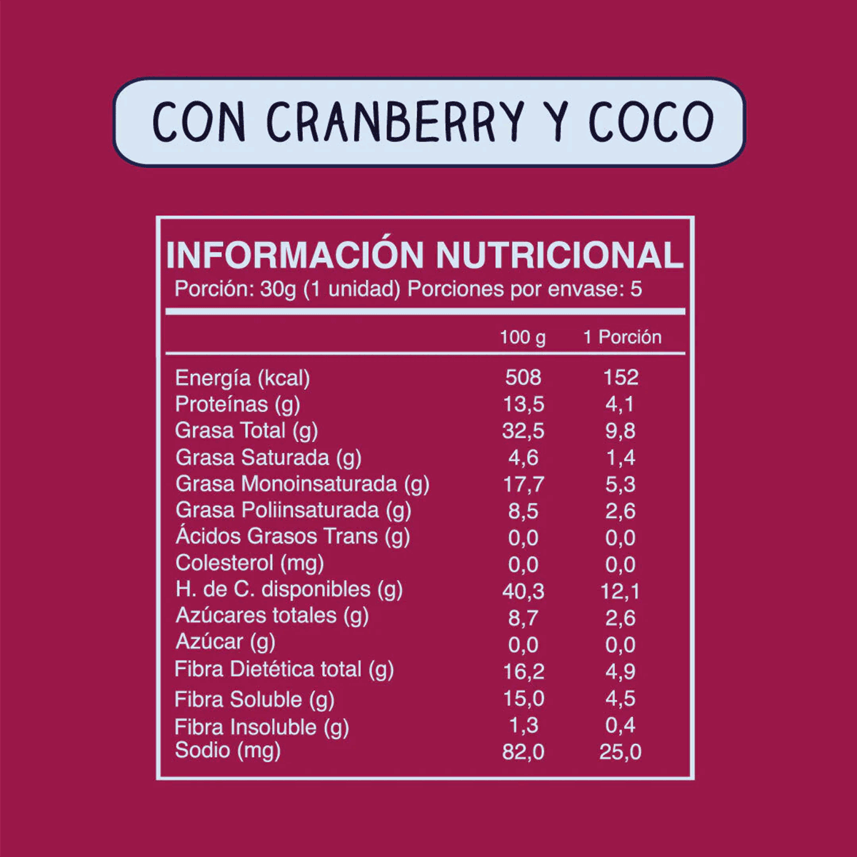 Barrita Vegana de Frutos Secos a base de Almendras sabor Cranberry y Coco Wild 30 gr 1 unidad