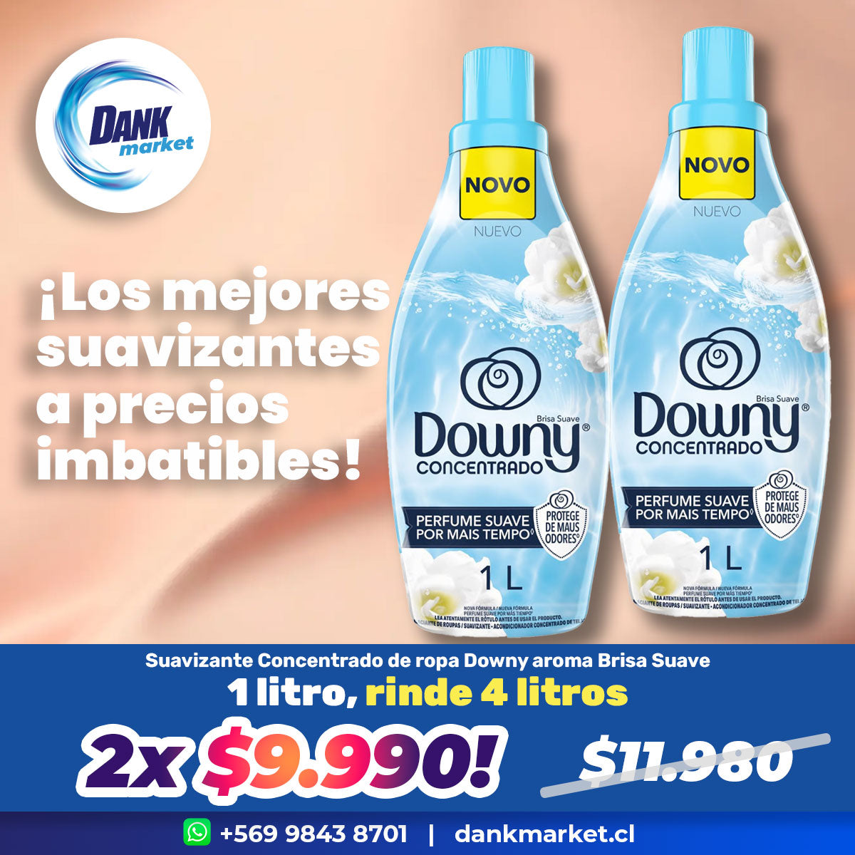 Pack Suavizante Concentrado de ropa Downy Brisa Suave 1 lt (rinde 4 lt) 2x $9.990