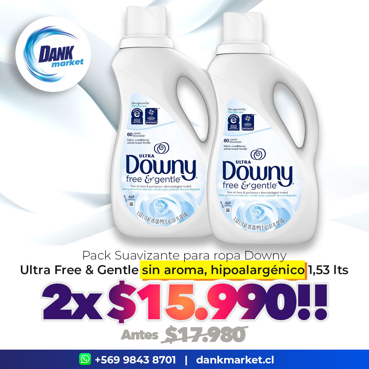 Pack Suavizante de ropa Downy Ultra Free & Gentle sin aroma, hipoalargénico 1,53 lts 2x $15.990