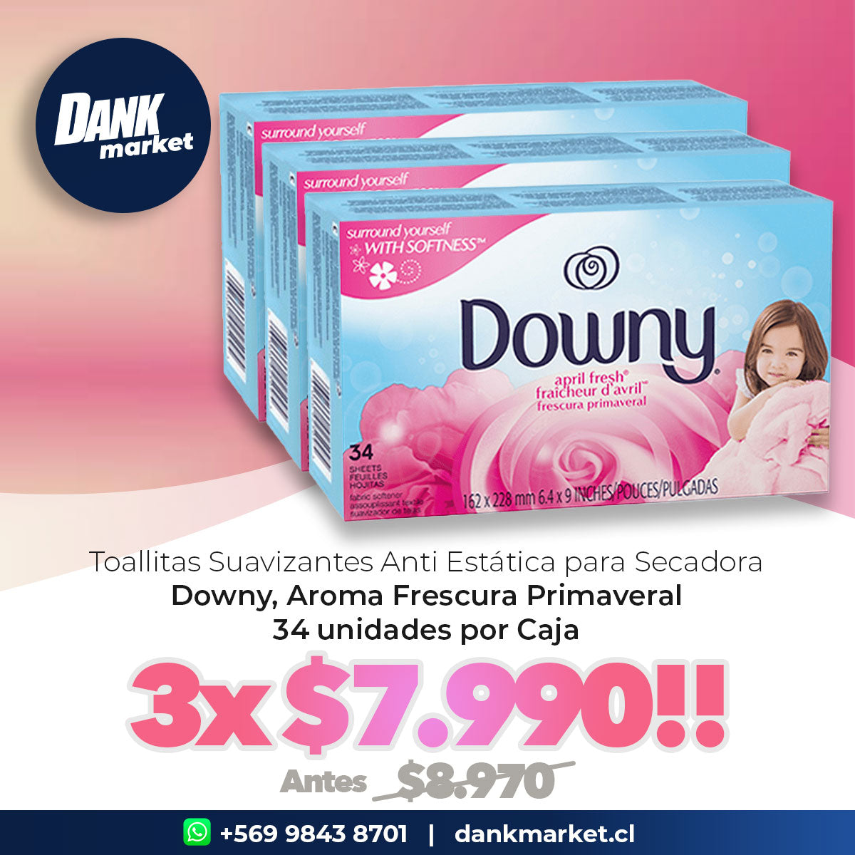 Pack Toallitas Suavizantes Anti Estática para Secadora Downy (34 unidades por caja) 3 x $7.990