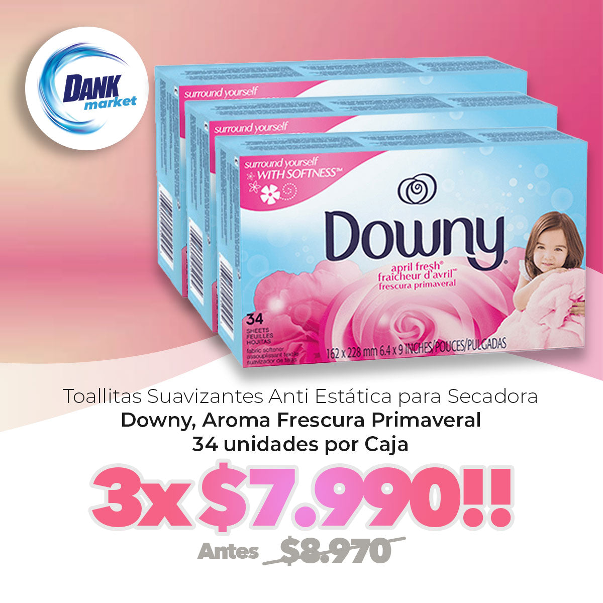 Pack Toallitas Suavizantes Anti Estática para Secadora Downy (34 unidades por caja) 3 x $7.990