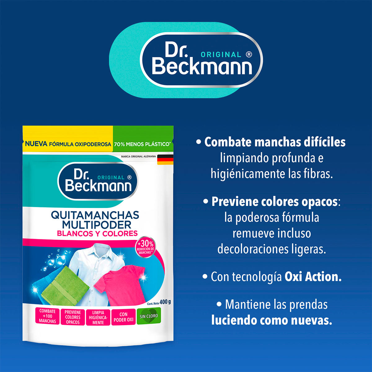 Quitamanchas Multipoder Blancos y Colores para Lavado de Ropa 400 gr Dr. Beckmann. Producto Alemán Sustentable