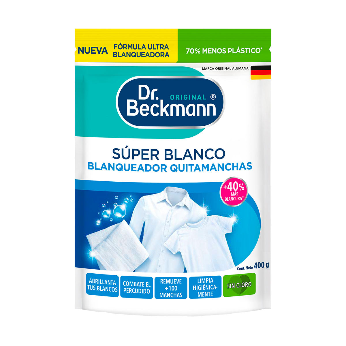 Súper Blanco Blanqueador Quitamanchas para Lavado de Ropa 400 gr Dr. Beckmann. Producto Alemán Sustentable