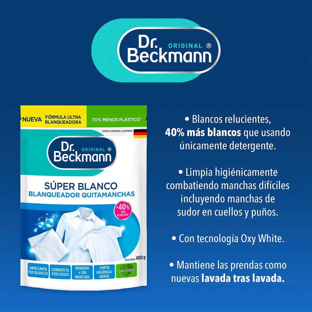 Súper Blanco Blanqueador Quitamanchas para Lavado de Ropa 400 gr Dr. Beckmann. Producto Alemán Sustentable