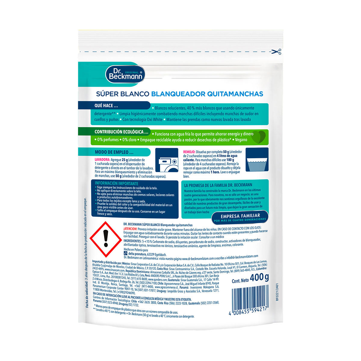 Súper Blanco Blanqueador Quitamanchas para Lavado de Ropa 400 gr Dr. Beckmann. Producto Alemán Sustentable