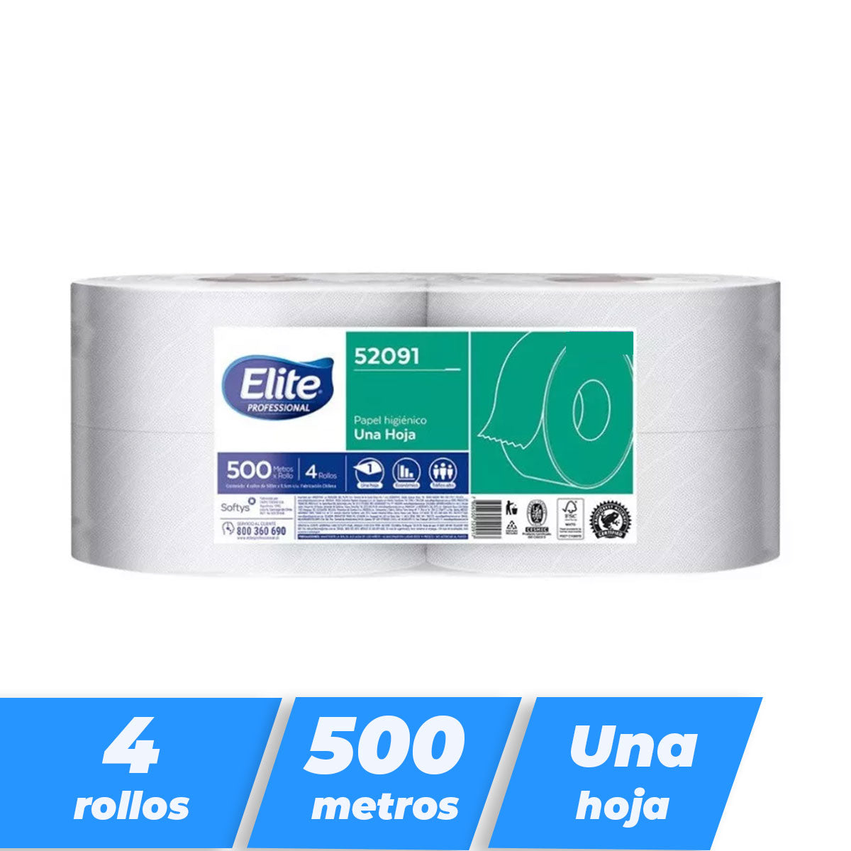 Papel higiénico Elite Jumbo Económico Una hoja 500 metros (4 rollos)