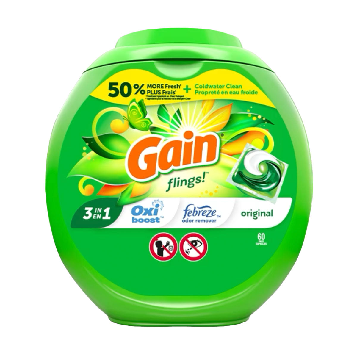 Detergente para ropa en cápsulas Gain Original Flings 3 en 1 Oxi Boost con Febreze (60 unidades)