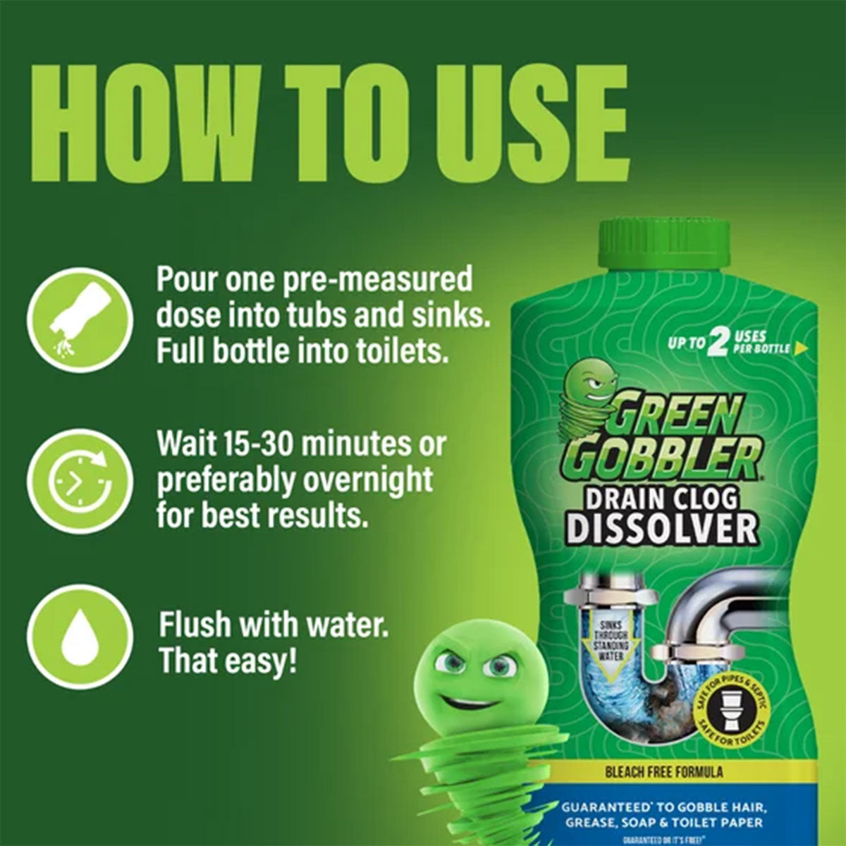Disolvente de obstrucciones de drenaje líquido Drain Clog Dissolver Green Gobbler 916 ml