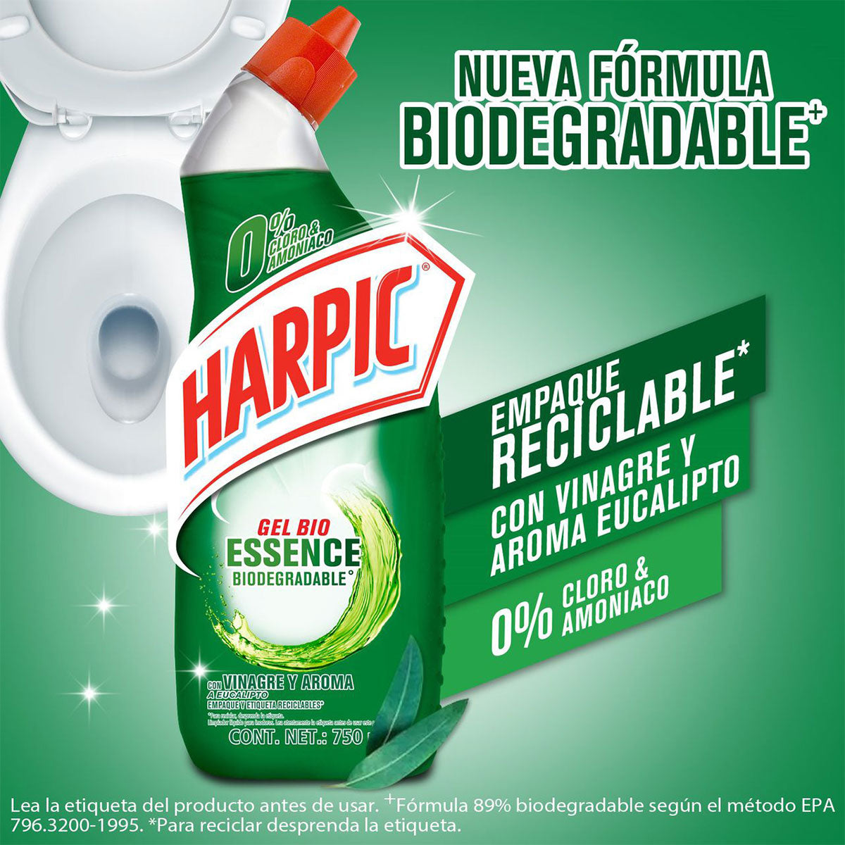 Limpiador para Inodoros Harpic Gel Bio Essence 0% Cloro y Amoniaco 750 ml - 🍃 biodegradable, y envase reciclable