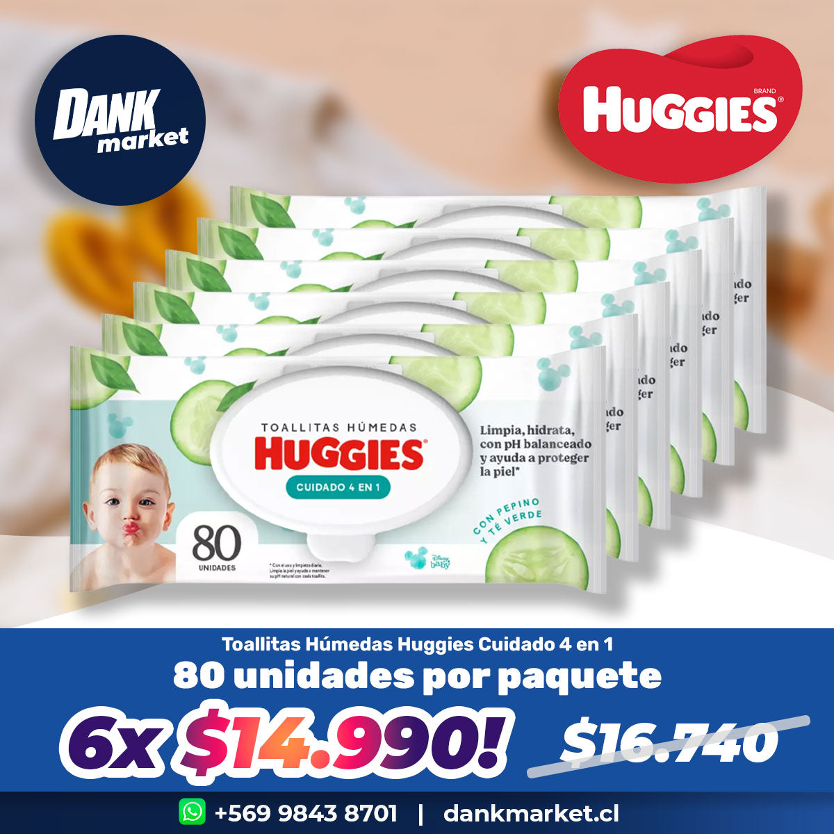 Pack Toallitas Húmedas Huggies Cuidado 4 en 1 (80 unidades) 6x $14.990