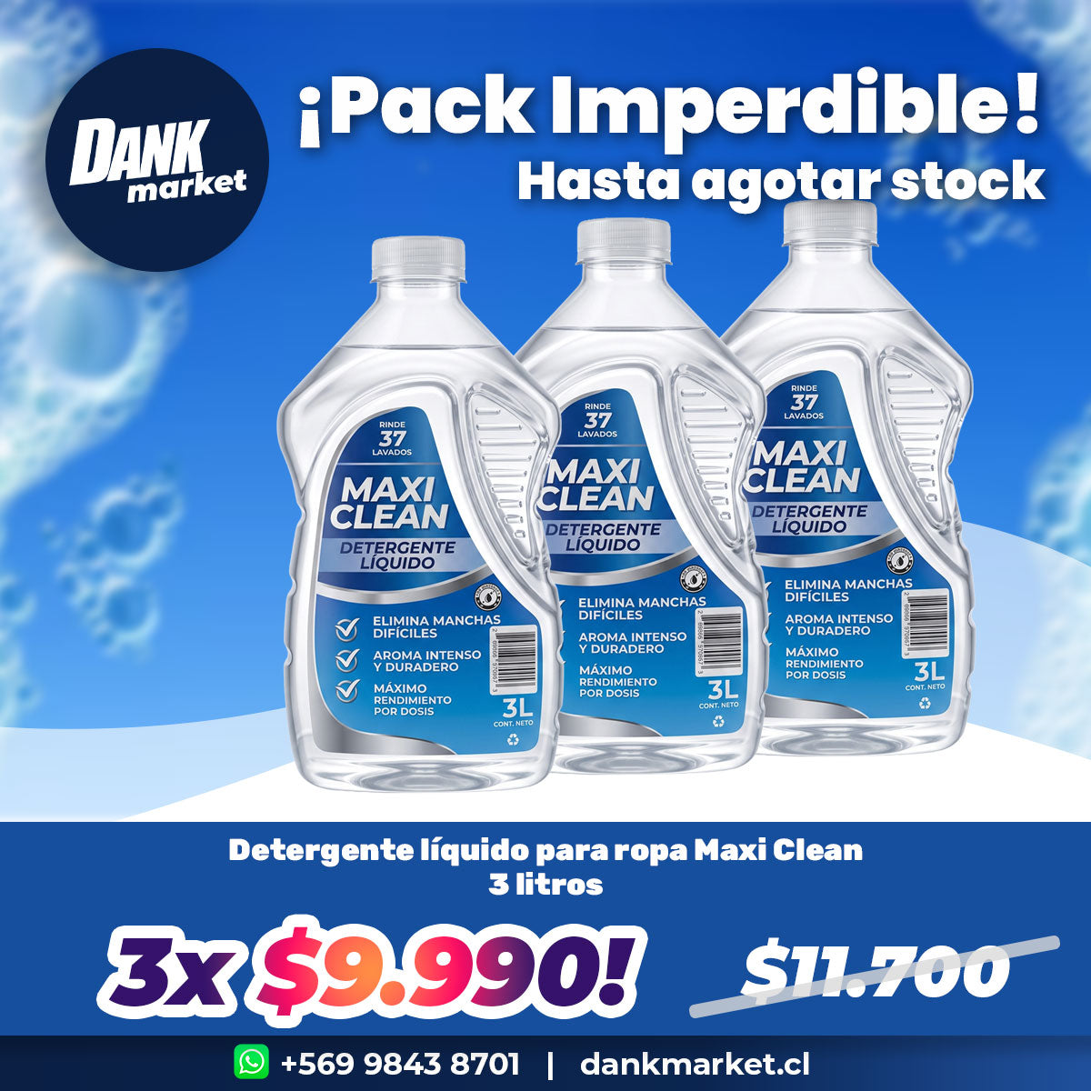 Pack 3x Detergente líquido para ropa Maxi Clean 3 litros