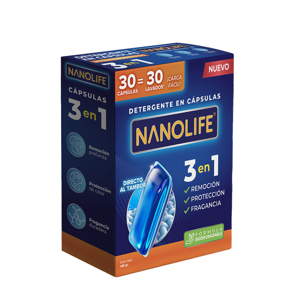 Detergente para ropa en cápsulas ultraconcentrado 3 en 1 (30 unidades) Nanolife. 🇨🇱🍃 Producto Chileno Sustentable