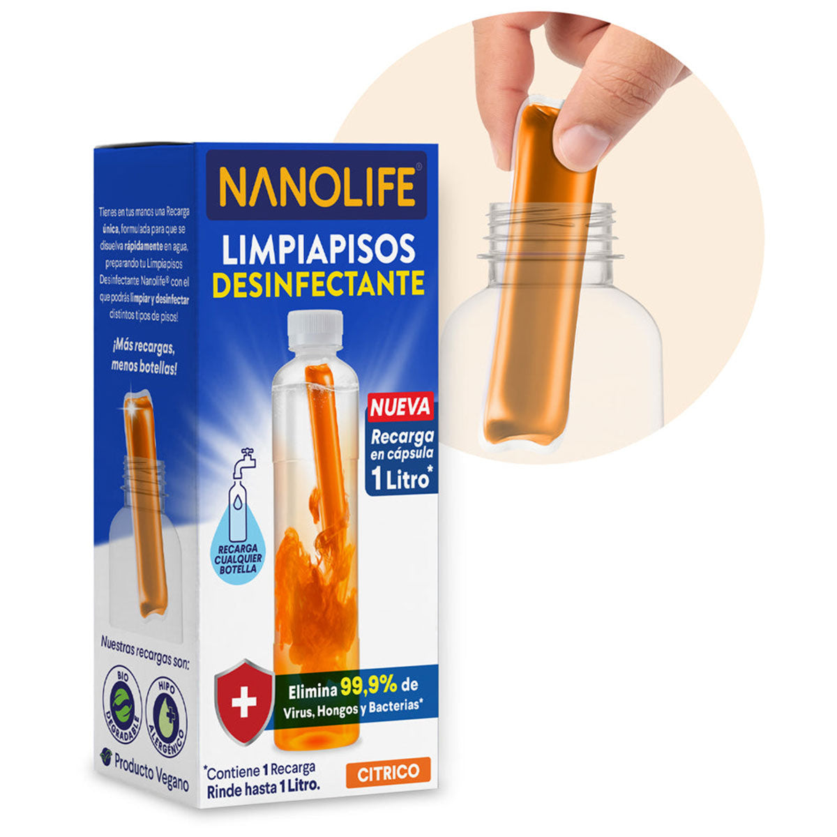 Limpiapisos desinfectante aroma cítrico 1 litro más recarga 30 ml diluible rinde hasta 1 litro Nanolife. 🇨🇱🍃 Producto Chileno Sustentable