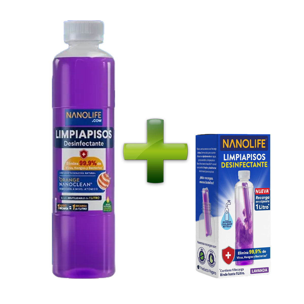 Limpiapisos desinfectante aroma lavanda 1 litro más recarga 30 ml diluible rinde hasta 1 litro Nanolife. 🇨🇱🍃 Producto Chileno Sustentable