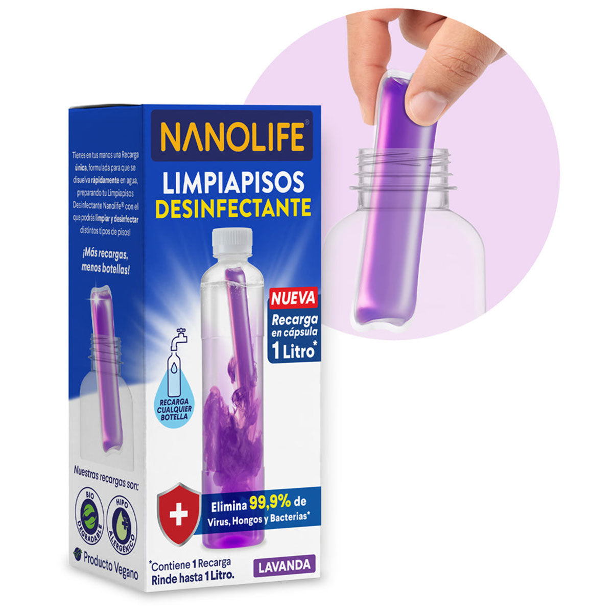 Limpiapisos desinfectante aroma lavanda 1 litro más recarga 30 ml diluible rinde hasta 1 litro Nanolife. 🇨🇱🍃 Producto Chileno Sustentable