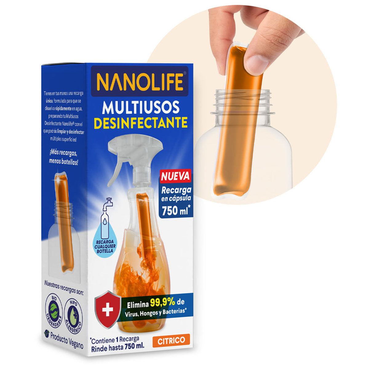 Limpiador multiusos desinfectante aroma cítrico 600 ml más recarga 30 ml diluible rinde hasta 750 ml Nanolife. 🇨🇱🍃 Producto Chileno Sustentable
