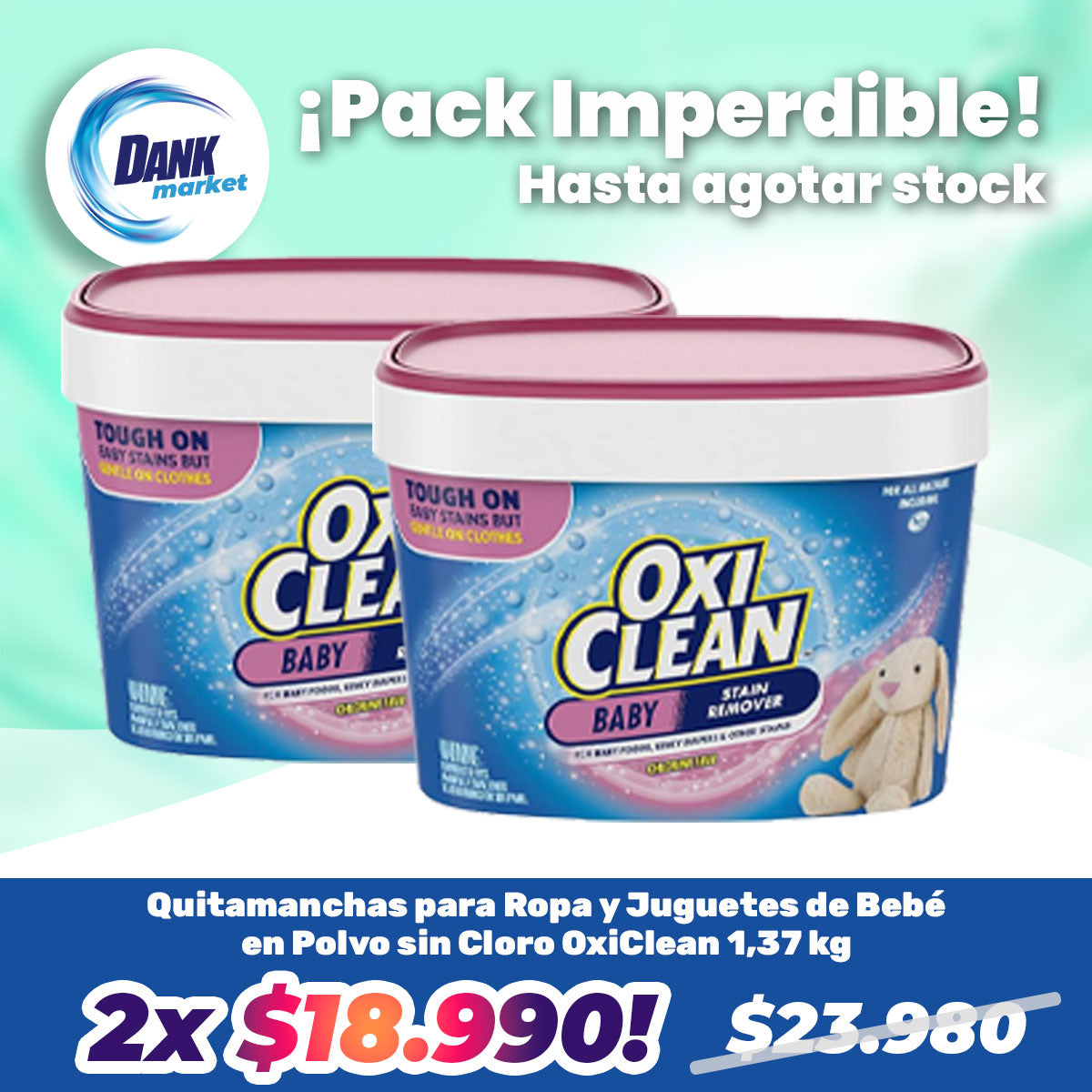 Pack Quitamanchas para Ropa y Juguetes de Bebé en Polvo sin Cloro OxiClean 1,37 kg 2x $18.990