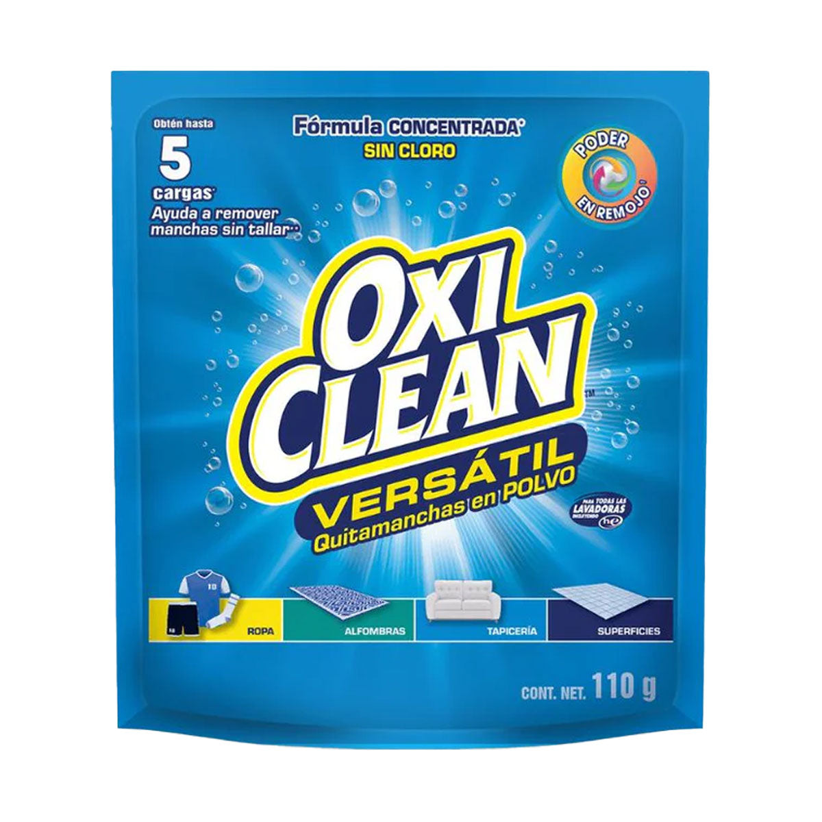 Quitamanchas Versátil en Polvo Ropa, Alfombras, Tapicería y Superficies OxiClean 110 gr (5 lavados)