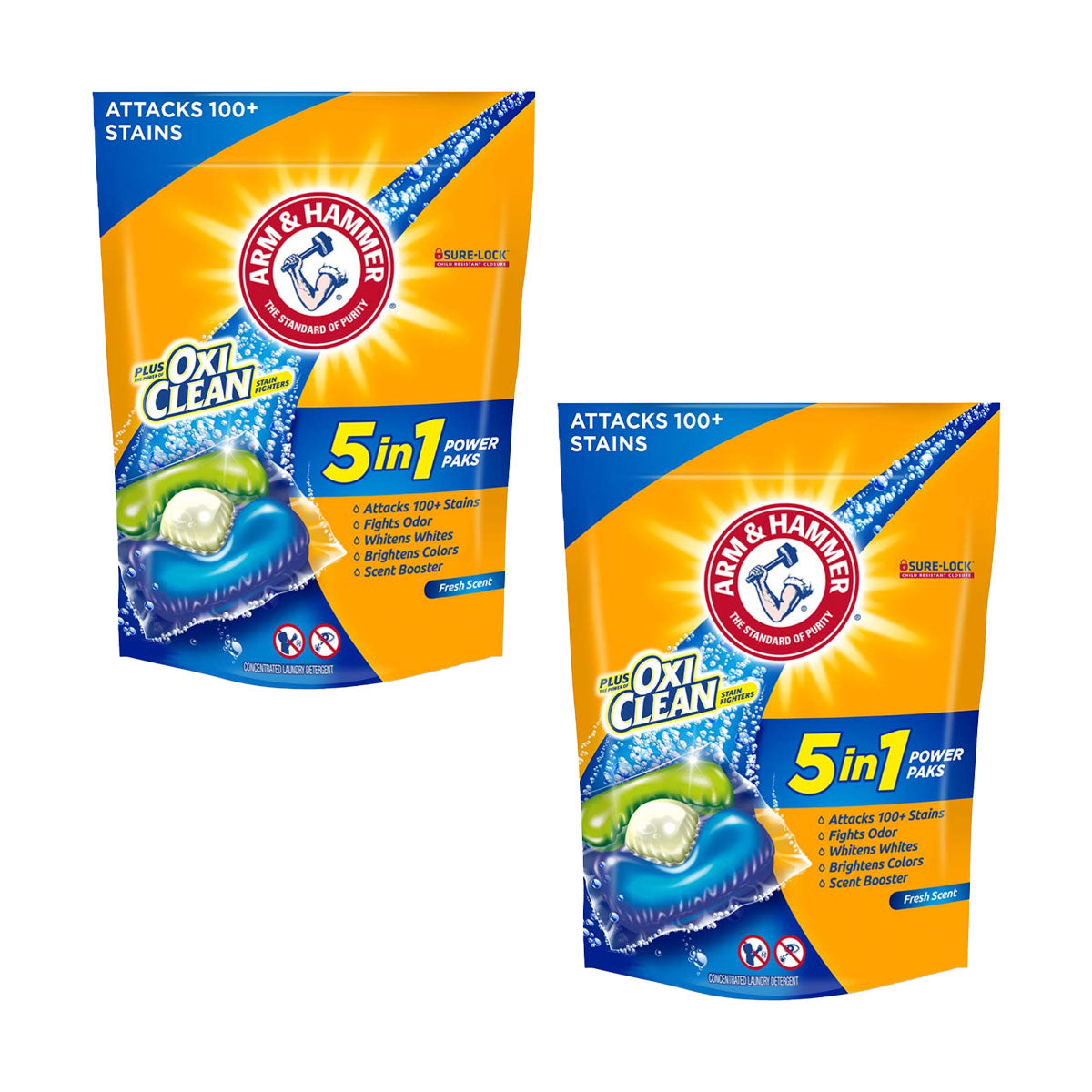 Pack Detergente para ropa en cápsulas Power Paks 5-en-1 Arm & Hammer más quitamanchas OxiClean, Alta Eficiencia (24 unidades) 2x $19.990