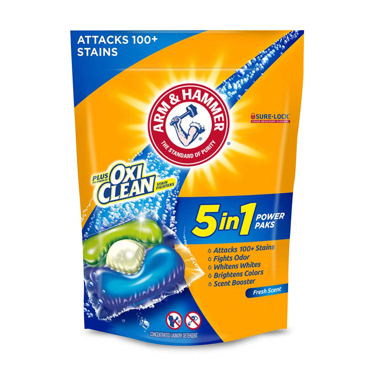 Detergente para ropa en cápsulas Power Paks 5-en-1 Arm & Hammer más quitamanchas OxiClean, Alta Eficiencia (24 unidades)