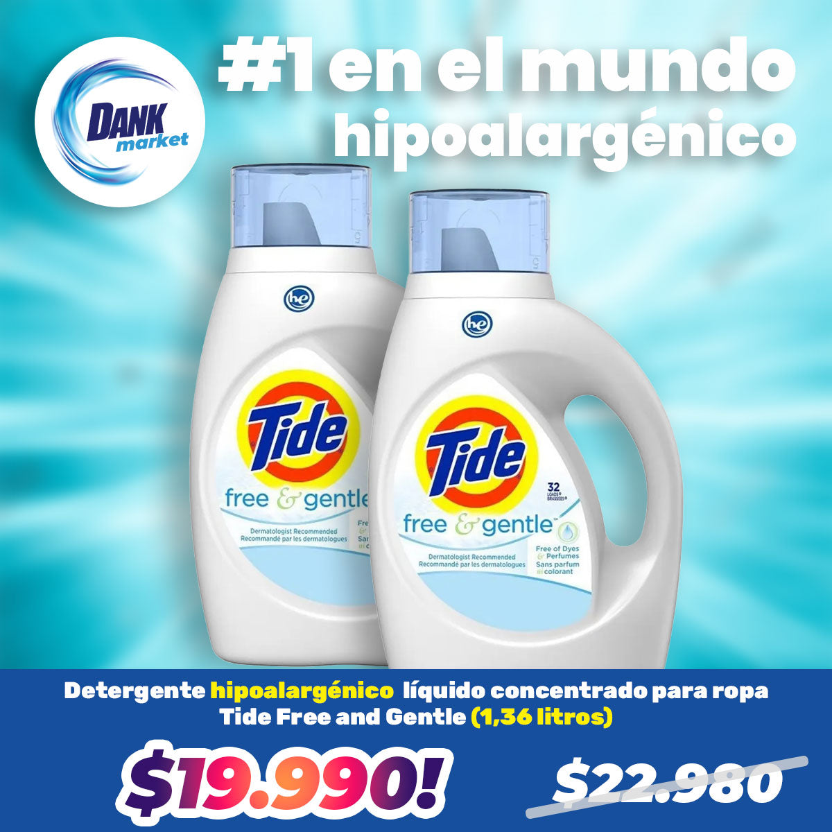 Pack Detergente hipoalargénico líquido concentrado para ropa Tide Free & Gentle 1,36 lts 32 cargas 2x $19.990