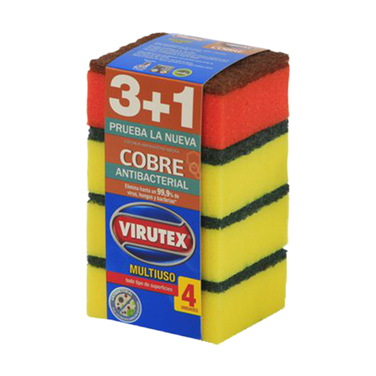 Pack 3+1 de 1 Esponja Antibacterial Lisa de Cobre y 3 Esponjas Multiuso Lisas Virutex (4 esponjas en total)